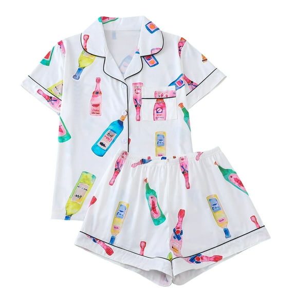 SwiftWear Pink Black Cute Bow/Floral/Heart Print Pajama Set for Women - Milk Silk Sleepwear & Lounge Wear, Button-Down Collar Top with Shorts, Soft Comfort in Multiple Patterns White