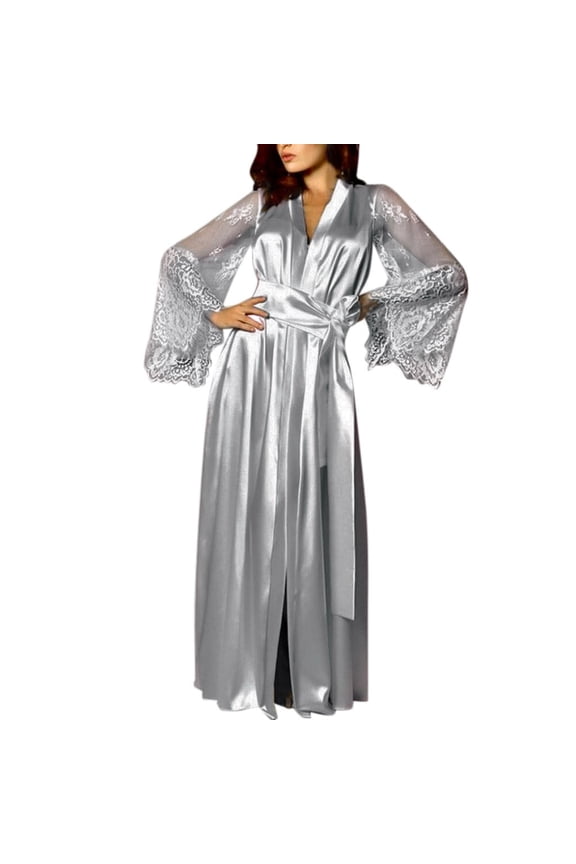 Pink/Gray Ice Silk Pajamas for Women Set – Lace Sleeve Long Robe Mesh Detailing | Elegant Loungewear & Perfect Gift for Her