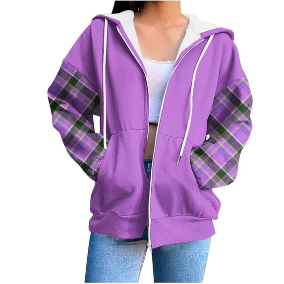 SwiftWear Plaid Zip Up Hoodie Women - Long Sleeve Loose Fit Pullover Hooded Sweatshirt with Flannel Pockets, Casual Comfort Jacket Tops Purple