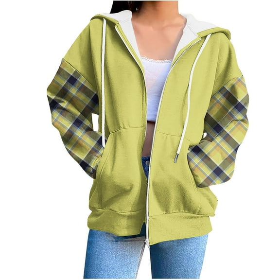 SwiftWear Plaid Zip Up Hoodie Women - Long Sleeve Loose Fit Pullover Hooded Sweatshirt with Flannel Pockets, Casual Comfort Jacket Tops Yellow