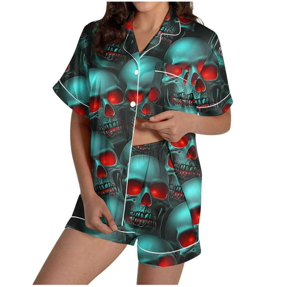 SwiftWear Playful Pumpkin Print Fall Pajama Set for Women - Festive Sleepwear & Home Wear, Collared Short Sleeve Top with Matching Shorts Blue