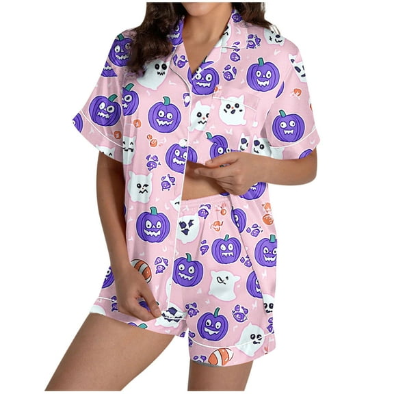 SwiftWear Playful Pumpkin Print Fall Pajama Set for Women - Festive Sleepwear & Home Wear, Collared Short Sleeve Top with Matching Shorts Pink