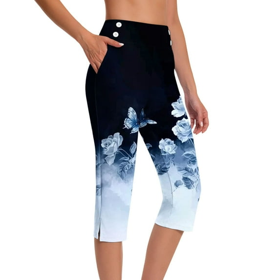 SwiftWear Plus Size Floral Print Capri Pants for Women - High Waist Yoga Capris with Side Pockets, Stretchy Comfort Fit Workout Cropped Pants S-5XL