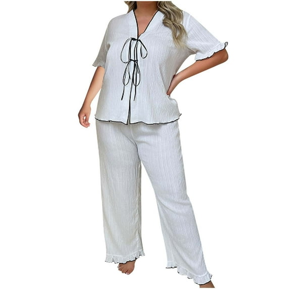SwiftWear Plus Size Pajamas for Women White V-Neck Shortsleeve Lounge Set - Soft Pajama Set with Elegant Bow & Ruffle Trim for Cozy Home Wear XL-4XL