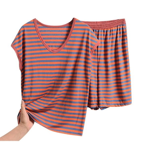 SwiftWear Plus Size Summer Cotton Pajamas for Women Set 2 Piece Striped V-Neck Loungewear Set – Soft, Oversized Sleeveless Tank Tops & Shorts with Pockets Pajamas Set 2 Piece