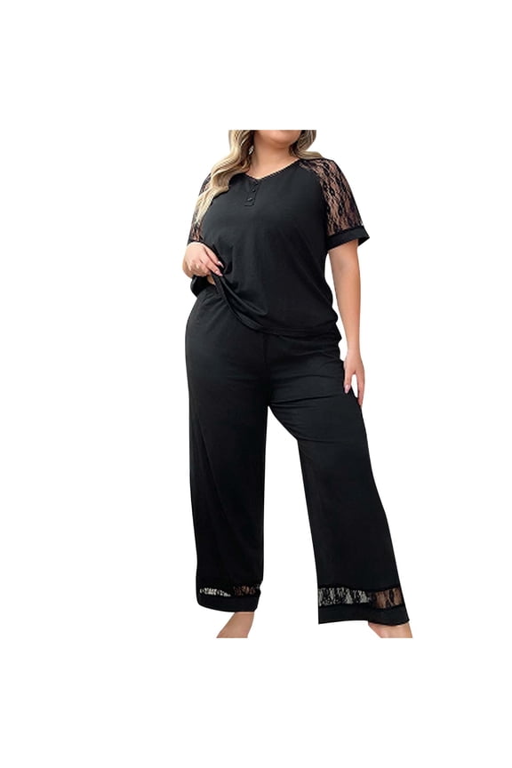 Plus Size Women’s Summer Black Lace V-Neck Pajama Set - Comfy Short Sleeveless Top & Wide-Leg Pants for Sleep & Relax , Elegant Design for Plus-Size Comfort