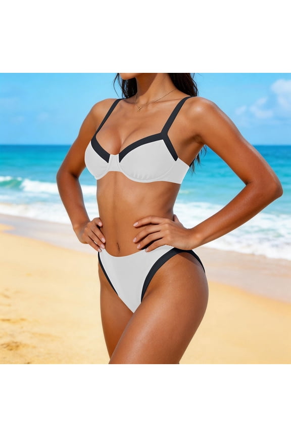 Push Up Bikini Set with Underwire Colorblock High Cut Tummy Control Two Piece Swimsuit for Beach, White
