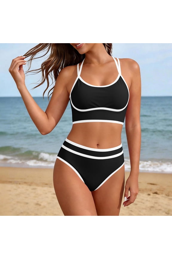Push Up Swimsuits for Women High-Waisted Bikini Set Deep V Halter Swimwear Tummy Control 2 Piece Bathing Suit, Black