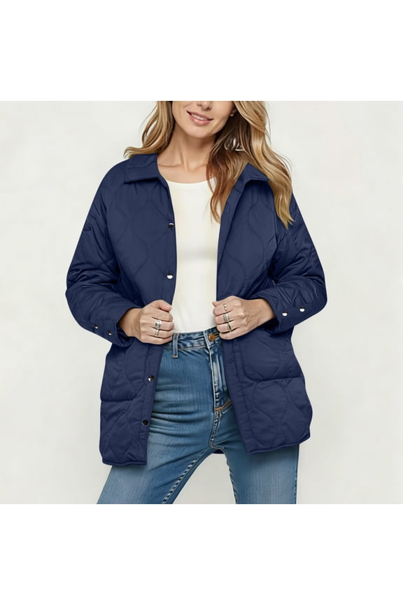 Quilted Jackets for Womens, Lightweight Long Sleeve Button Down Puffer Jacket Warm Coat Outerwear with Pockets, Blue