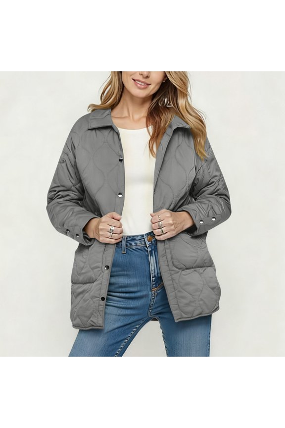 Quilted Jackets for Womens, Lightweight Long Sleeve Button Down Puffer Jacket Warm Coat Outerwear with Pockets​, Gray