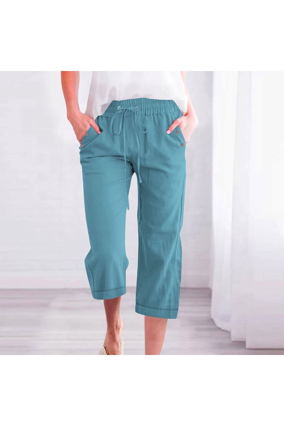 Relaxed Fit Women's Plus Size Capris with Pockets Breathable Cotton Linen Cropped Pants, Drawstring Elastic Waist & Roll-Up Cuff Design, S-2XL