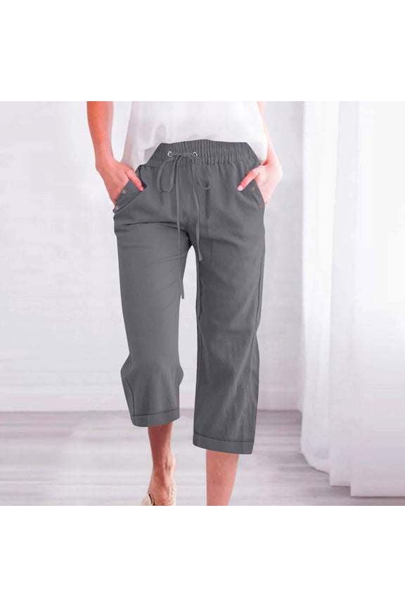 Relaxed Fit Women's Plus Size Capris with Pockets Breathable Cotton Linen Cropped Pants, Drawstring Elastic Waist & Roll-Up Cuff Design, S-2XL