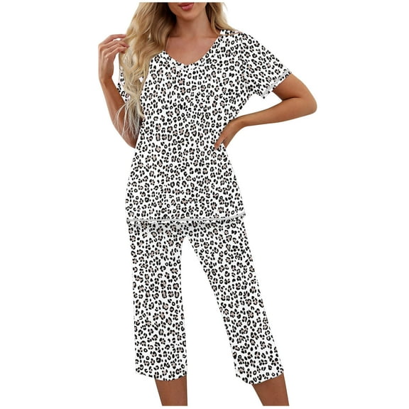 SwiftWear Relaxed Pajams Set 2 Piece V-neck Top with Floral Prints, 7Inch Mid-Calf Capris (Elastic Waist & Pockets) - Stylish & Comfy Sleepwear