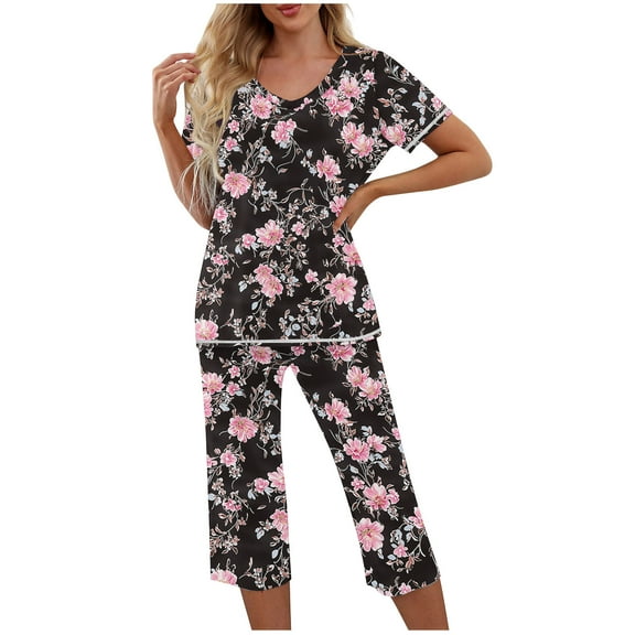 SwiftWear Relaxed Pajams Set 2 Piece V-neck Top with Floral Prints, 7Inch Mid-Calf Capris (Elastic Waist & Pockets) - Stylish & Comfy Sleepwear