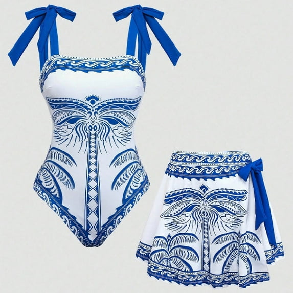 SwiftWear Retro Floral One Piece Swimsuit with Cover Up Sarong Skirt Women's Slimming Bathing Suit Set Vintage Beachwear