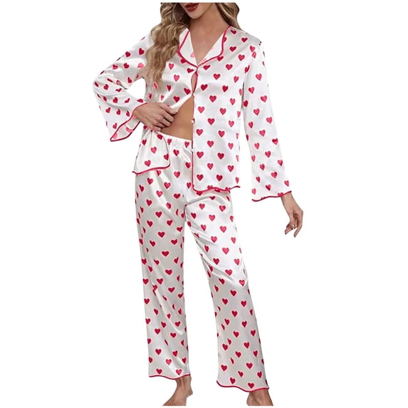 SwiftWear Romantic Heart Print Silk Pajama Set Women's Satin Sleepwear Comfortable Collared Lounge Set with Contrast Trim 2 Pieces Pjs