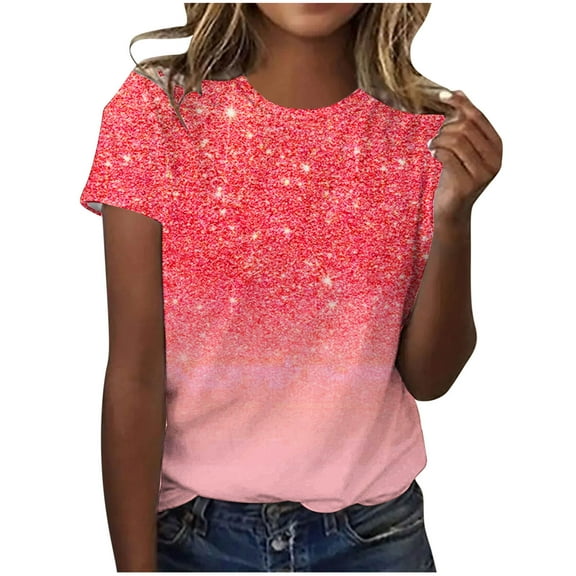 SwiftWear Sparkling Gradient Crew Neck Tee for Women - Summer Trendy Short Sleeve Tshirt with Shimmer Design, Casual Tops S-2XL