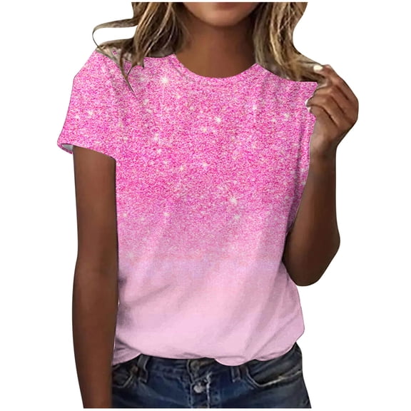 SwiftWear Sparkling Gradient Crew Neck Tee for Women - Summer Trendy Short Sleeve Tshirt with Shimmer Design, Casual Tops S-2XL