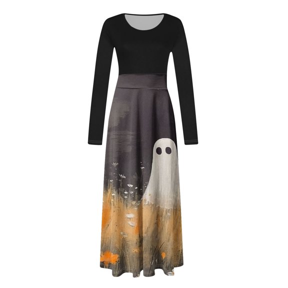 SwiftWear ​Spooky Season Maxi Dress for Women - Pumpkin Ghost Print Long Sleeve Dress Comfortable for Halloween & Daily Outings​