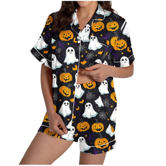 SwiftWear Spooky & Sweet Halloween Pajama Set for Women - Short Sleeve Sleepwear & Lounge Set, Ghost Bat Pumpkin Print Top with Shorts Black