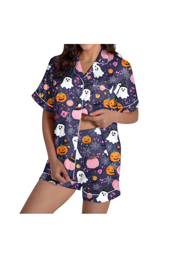 Spooky & Sweet Halloween Pajama Set for Women - Short Sleeve Sleepwear & Lounge Set, Ghost Bat Pumpkin Print Top with Shorts Purple