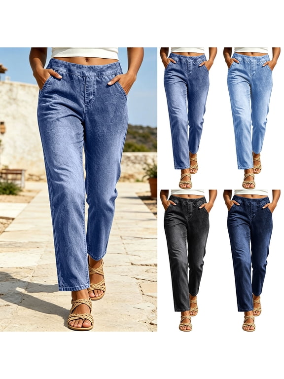 Straight Leg Jeans for Women Trendy Pull On High Waisted Cropped Elastic Waist Stretchy Denim Pants Ankle Jeans with Pockets
