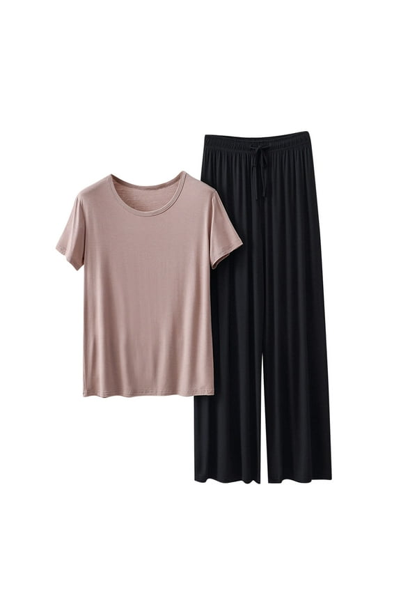 Summer Modal Loose-Fit Pajamas for Women Set Solid Color Crewneck Short Sleeve + Drawstring Wide-Leg Pants Pajama Set Loungewear