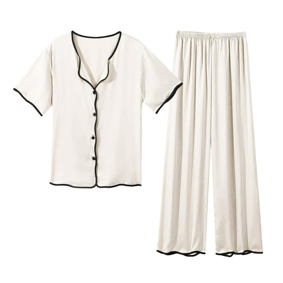 SwiftWear Summer Pajamas for Women Set – Soft Cotton Wide Leg Pants & V-Neck Top Loose Fit Womens Sleepwear Loungewear Set Gifts Ideal 2-Piece Pajamas for Women