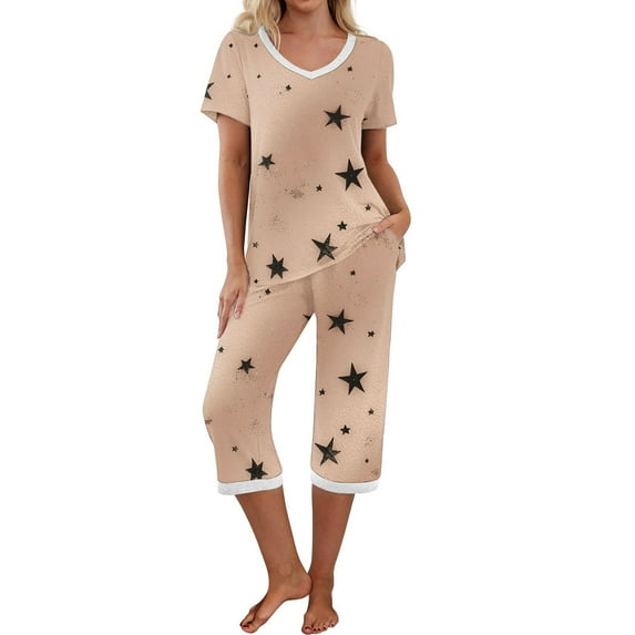 SwiftWear Summer Sleep Pajamas Set for Women V-neck Charm Floral Printed Top, Stretchy Capri Pants with Side Pockets 2 Pajama Sets