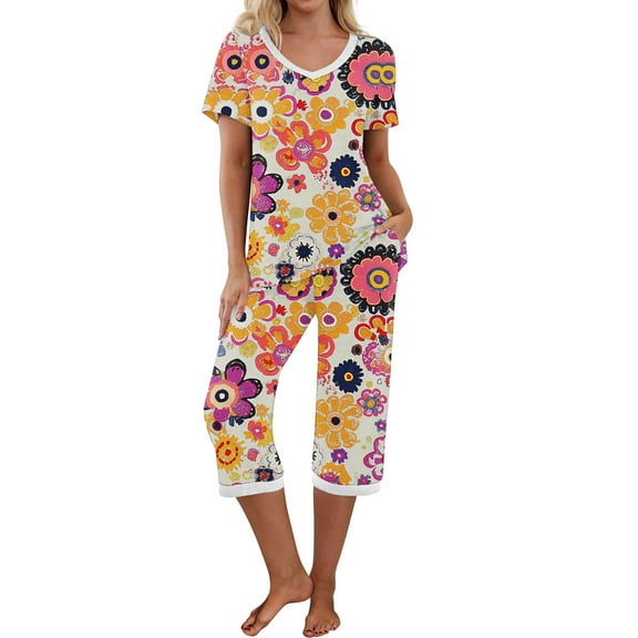 SwiftWear Summer Sleep Pajamas Set for Women V-neck Charm Floral Printed Top, Stretchy Capri Pants with Side Pockets 2 Pajama Sets