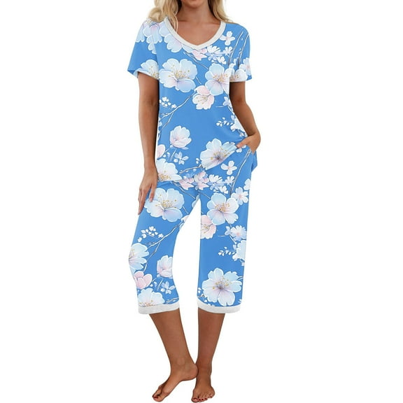 SwiftWear Summer Sleep Pajamas Set for Women V-neck Charm Floral Printed Top, Stretchy Capri Pants with Side Pockets 2 Pajama Sets