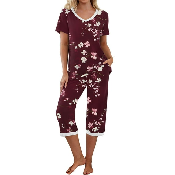 SwiftWear Summer Sleep Pajamas Set for Women V-neck Charm Floral Printed Top, Stretchy Capri Pants with Side Pockets 2 Pajama Sets