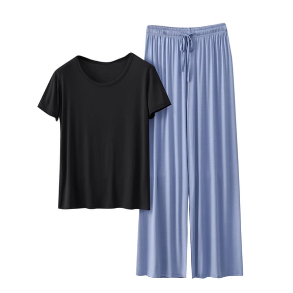 SwiftWear Summer Women’s Modal&Cotton Loose Fit Pajama Set Crewneck Short Sleeve Tops & Drawstring Wide-Leg Pants Pajama Set Sleepwear for Home & Casual