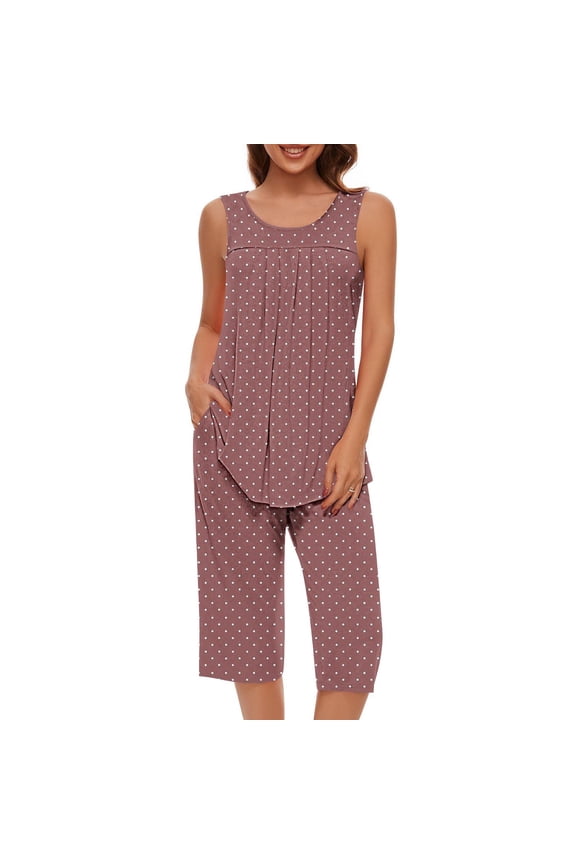 Summer Women's Polka Dot Pajama Set - Soft Round Neck Tank & Capri Pants Breathable Stretch Fabric Cozy Womens Loungewear & Sleepwear Perfect Gift for Her