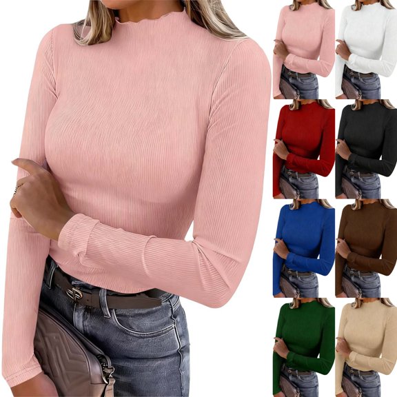 SwiftWear SwiftWear Women's Mock Neck Long Sleeve Shirt Ribbed Knit Ruffle Turtleneck Tops Slim Fit Stretchable Base Layer Casual Tee