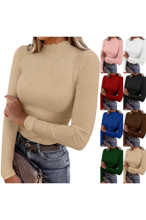 Women's Mock Neck Long Sleeve Shirt Ribbed Knit Ruffle Turtleneck Tops Slim Fit Stretchable Base Layer Casual Tee