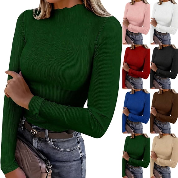 SwiftWear SwiftWear Women's Mock Neck Long Sleeve Shirt Ribbed Knit Ruffle Turtleneck Tops Slim Fit Stretchable Base Layer Casual Tee