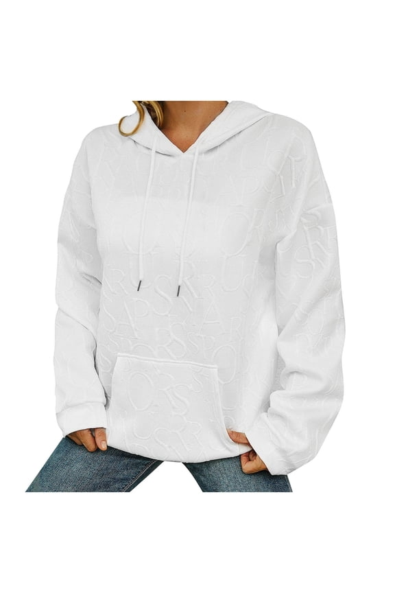 Textured Letter Pattern White Hooded Sweatshirt for Women - Full Cover Embossed Design Cozy Pullover with Kangaroo Pocket