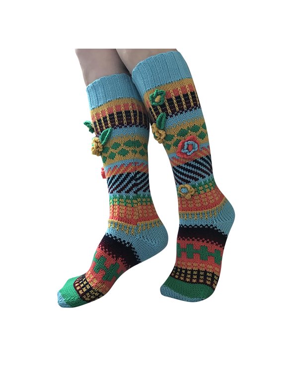 Thigh High Socks Hand Crochet Flower Knit Cotton Over Knee High Retro Vintage Knitted Stocking Slipper Colorful Leg Warmers, Blue