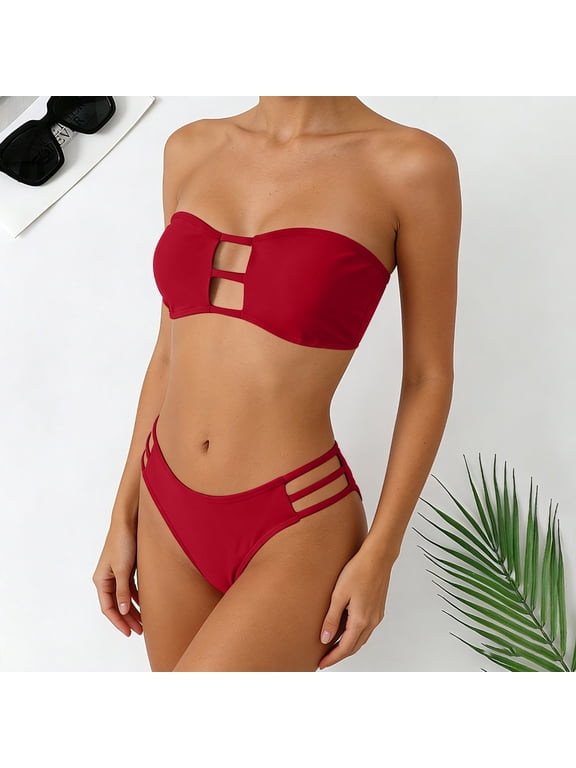 Thong Bikini Sets for Women Strapless Cutout Bandeau Swimsuit High Cut Two Piece Bathing Suits, Red