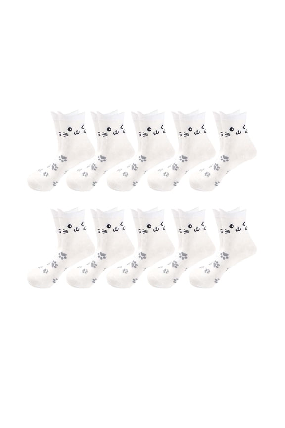 Trendy 10 Pairs Cute Cat Cotton Socks Funny Animal Crew Socks Xmas Gifts for Women Teen, White
