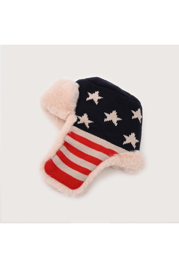 Unisex America US Flag Aviator Trapper Hats with Ear Flaps, Thick Plush Knit Windproof Cold Weather Warm Winter Cold Hat for Men & Women 