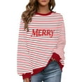 thumbnail image 1 of SwiftWear Unisex Christmas Striped "MERRY" Print Fleece-Lined Sweatshirt Cozy Crewneck Pullover Holiday Couples Matching Top for Women Men Red, 1 of 9