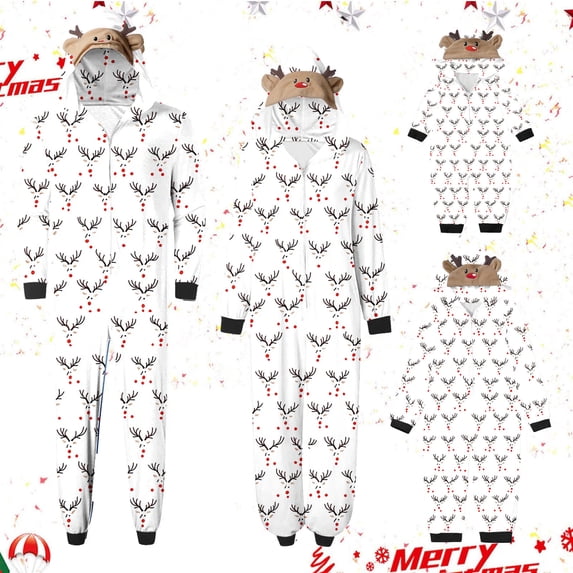 SwiftWear White Reindeer Print Family Pajamas Matching Onesie Set with Brown Reindeer Hood Holiday Collection