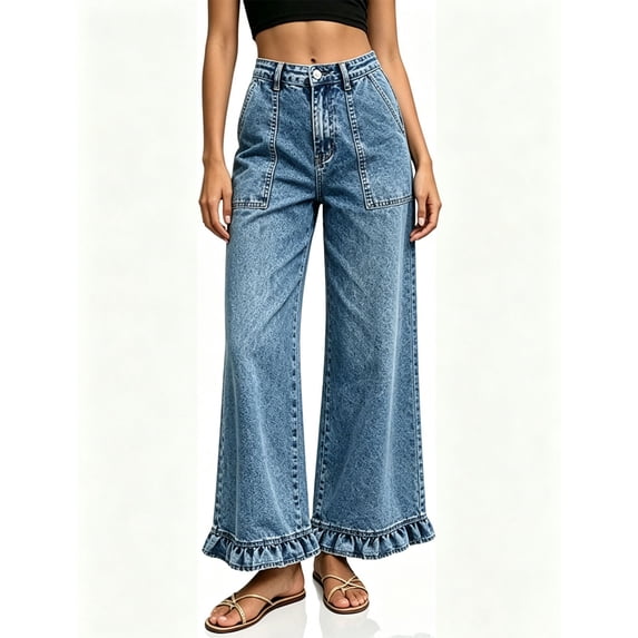 SwiftWear Wide Leg Jeans for Women High Wasited Baggy Trendy Cute Denim Jean Ruffle Hem Pants with Pockets