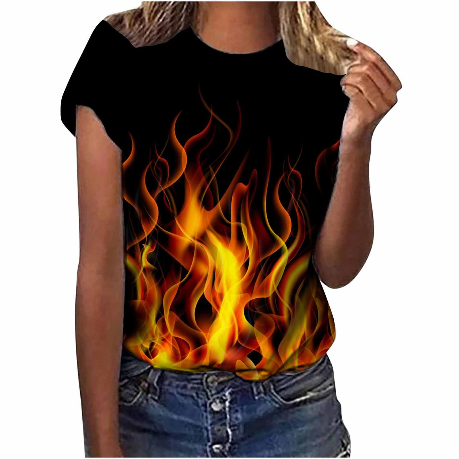 SwiftWear Wildfire Flame Graphic Black T-Shirt for Women – Crew