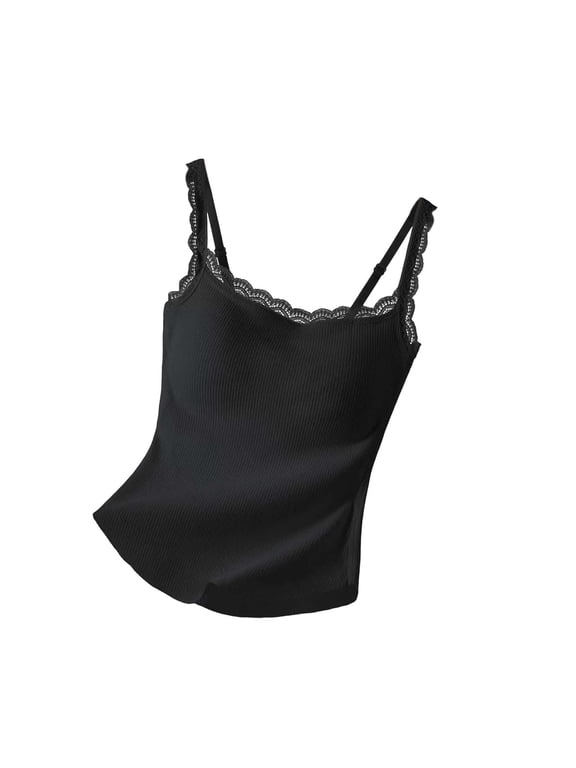 Women Built-in Bra Camisoles Lace Adjustable Spaghetti Strap Cami Ribbed Tank Tops Undershirts