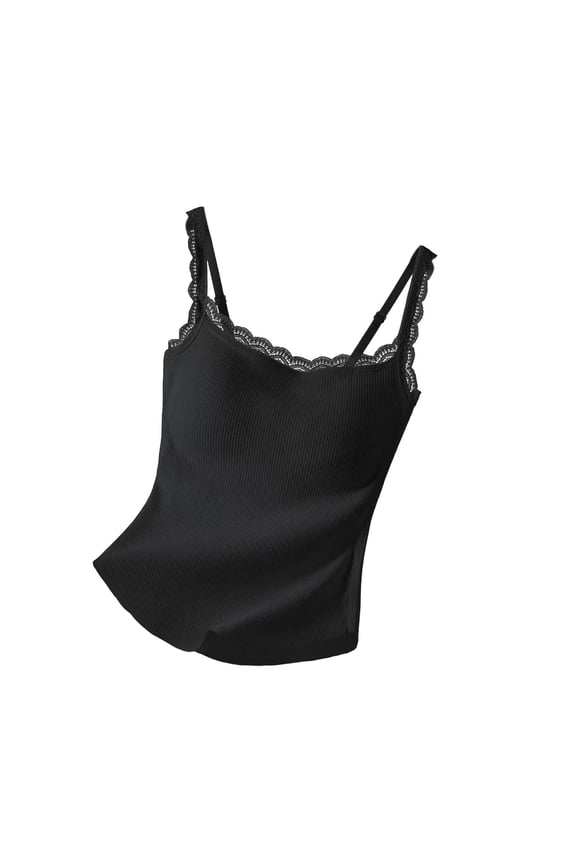 Women Built-in Bra Camisoles Lace Adjustable Spaghetti Strap Cami Ribbed Tank Tops Undershirts