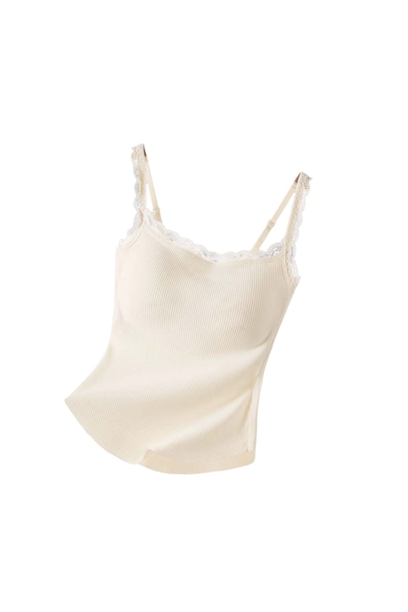 Women Built-in Bra Camisoles Lace Adjustable Spaghetti Strap Cami Ribbed Tank Tops Undershirts