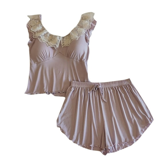 SwiftWear Women Crew Neck Lace Trim Modal Pajama Set - Solid Color Shorts Sleepwear Set for Women, Soft Breathable Nightwear, Comfy Loungewear, Casual Home Outfit